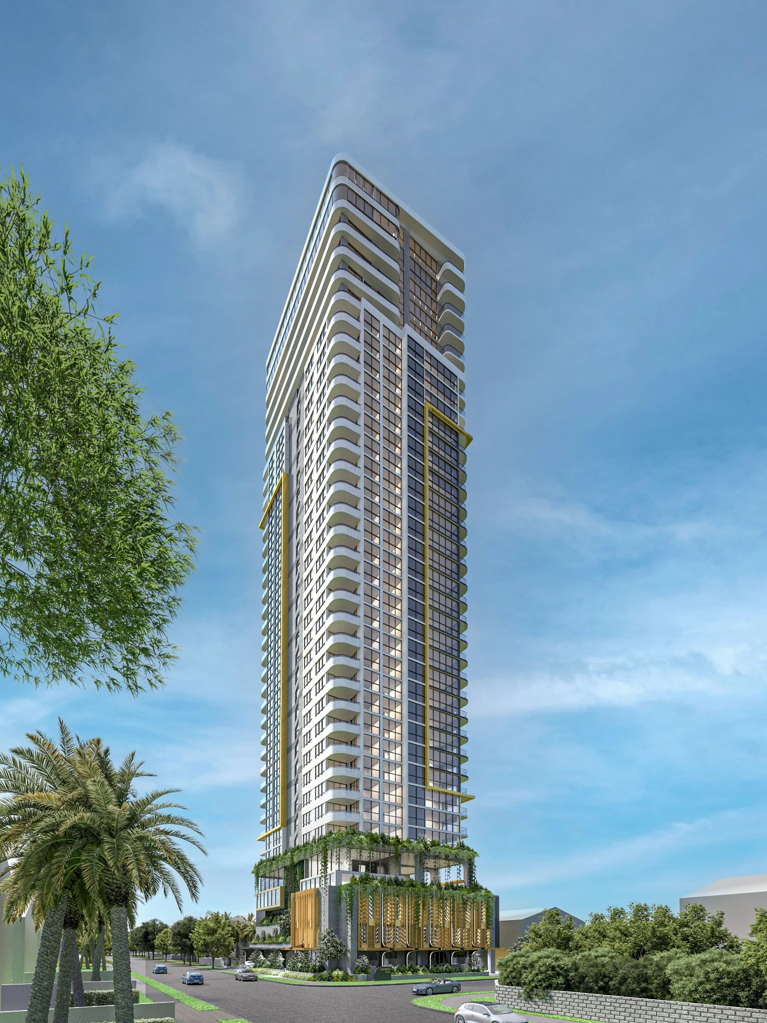 Full height architectural rendering of Chevron Gold tower