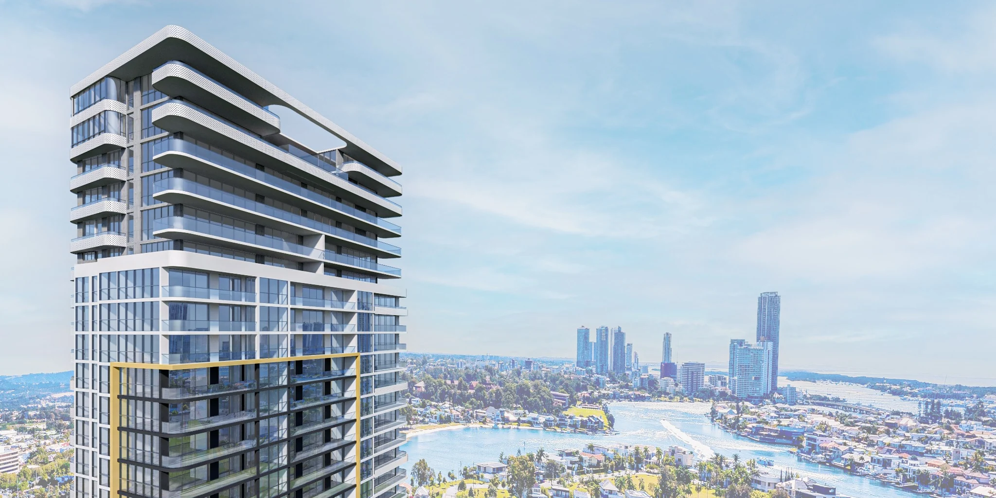 Architectural visualisation overlooking waterways and the Gold Coast skyline